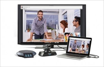 Lifesize Icon Flex Video Conferencing endpoint with screen, laptop and Lifesize touchphone