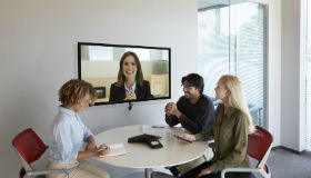 Poly Huddle Room Trio and Video Conferencing system with 4 participants